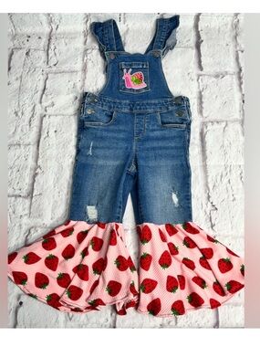 Strawberry Overalls 3T Girls Denim Bell Bottoms Farmcore Flare Jeans